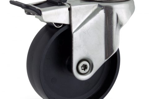 Stainless total lock castor 75mm for light trolleys,wheel made of polypropylene,plain bearing.Bolt hole fitting