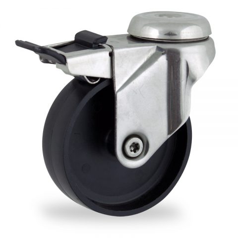 Stainless total lock castor 100mm for light trolleys,wheel made of polypropylene,plain bearing.Bolt hole fitting