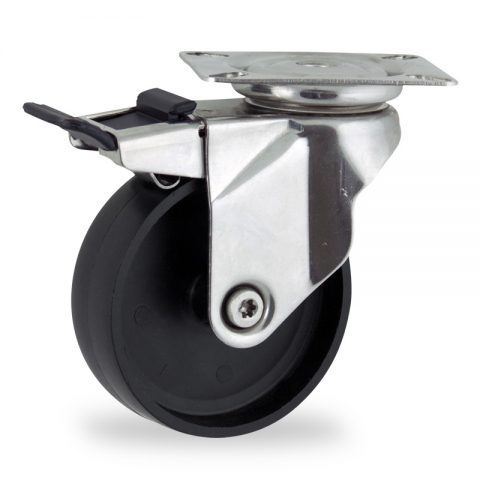 Stainless total lock castor 150mm for light trolleys,wheel made of polypropylene,plain bearing.Top plate fitting