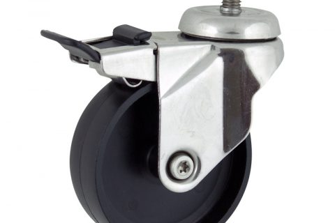 Stainless total lock castor 75mm for light trolleys,wheel made of polypropylene,plain bearing.Bolt stem fitting