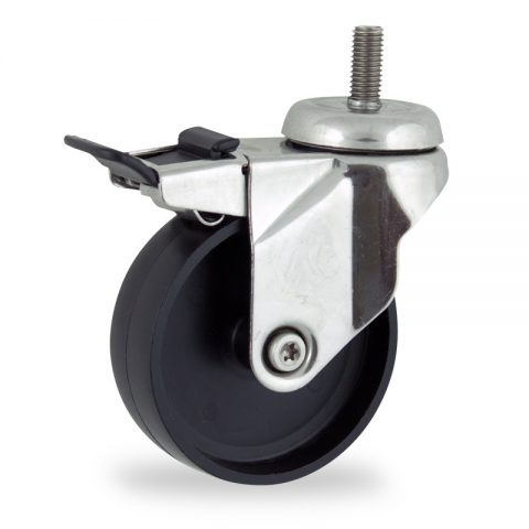 Stainless total lock castor 150mm for light trolleys,wheel made of polypropylene,plain bearing.Bolt stem fitting