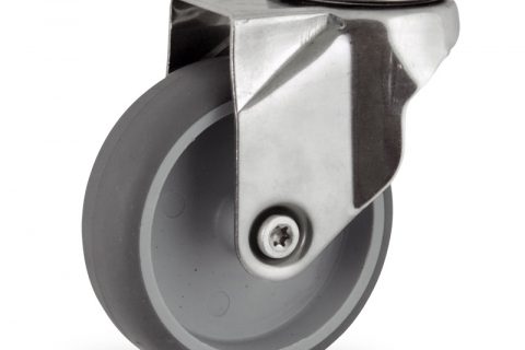 Stainless swivel castor 125mm for light trolleys,wheel made of grey rubber,double ball bearings.Bolt hole fitting
