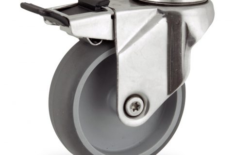 Stainless total lock castor 100mm for light trolleys,wheel made of grey rubber,double ball bearings.Bolt hole fitting