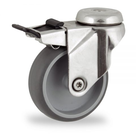 Stainless total lock castor 150mm for light trolleys,wheel made of grey rubber,double ball bearings.Bolt hole fitting