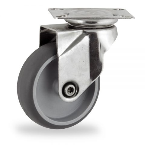 Stainless swivel castor 125mm for light trolleys,wheel made of grey rubber,double ball bearings.Top plate fitting
