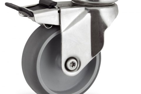 Stainless total lock castor 125mm for light trolleys,wheel made of grey rubber,plain bearing.Top plate fitting