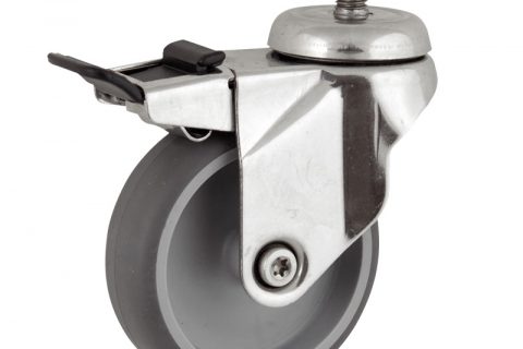 Stainless total lock castor 75mm for light trolleys,wheel made of grey rubber,plain bearing.Bolt stem fitting