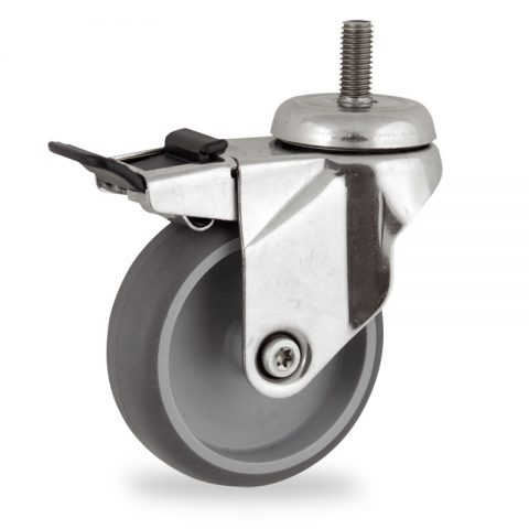 Stainless total lock castor 100mm for light trolleys,wheel made of grey rubber,double ball bearings.Bolt stem fitting