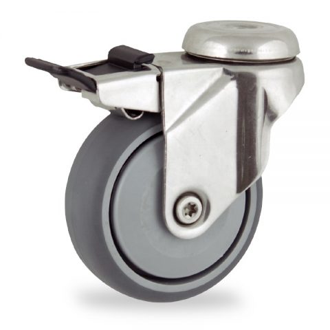 Stainless total lock castor 100mm for light trolleys,wheel made of grey rubber,single precision ball bearing.Bolt hole fitting