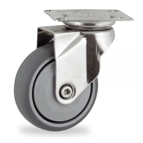 Stainless swivel castor 75mm for light trolleys,wheel made of grey rubber,single precision ball bearing.Top plate fitting