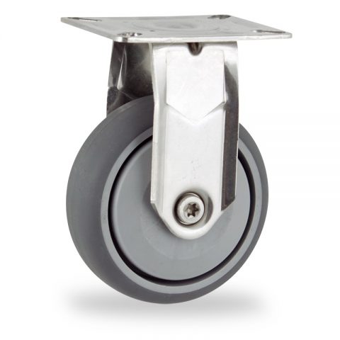 Stainless fixed castor 75mm for light trolleys,wheel made of grey rubber,single precision ball bearing.Top plate fitting
