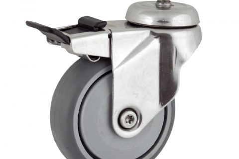 Stainless total lock castor 125mm for light trolleys,wheel made of grey rubber,single precision ball bearing.Bolt stem fitting