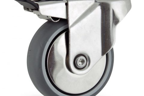 Stainless total lock castor 75mm for light trolleys,wheel made of grey rubber,plain bearing.Bolt hole fitting