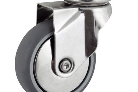 Stainless swivel castor 75mm for light trolleys,wheel made of grey rubber,double ball bearings.Top plate fitting