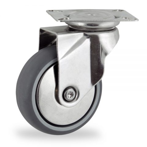 Stainless swivel castor 100mm for light trolleys,wheel made of grey rubber,double ball bearings.Top plate fitting