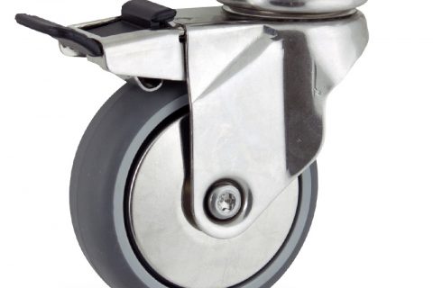 Stainless total lock castor 150mm for light trolleys,wheel made of grey rubber,double ball bearings.Top plate fitting