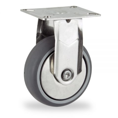 Stainless fixed castor 100mm for light trolleys,wheel made of grey rubber,double ball bearings.Top plate fitting