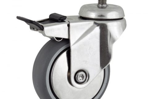 Stainless total lock castor 100mm for light trolleys,wheel made of grey rubber,plain bearing.Bolt stem fitting