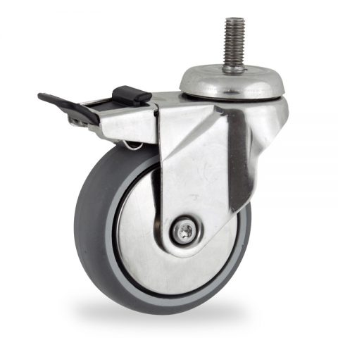 Stainless total lock castor 75mm for light trolleys,wheel made of grey rubber,double ball bearings.Bolt stem fitting