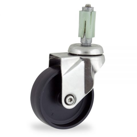 Stainless swivel castor 100mm for light trolleys,wheel made of polypropylene,plain bearing.Fitting with square expander 24/27