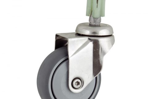Stainless swivel castor 100mm for light trolleys,wheel made of grey rubber,single precision ball bearing.Fitting with square expander 21/24
