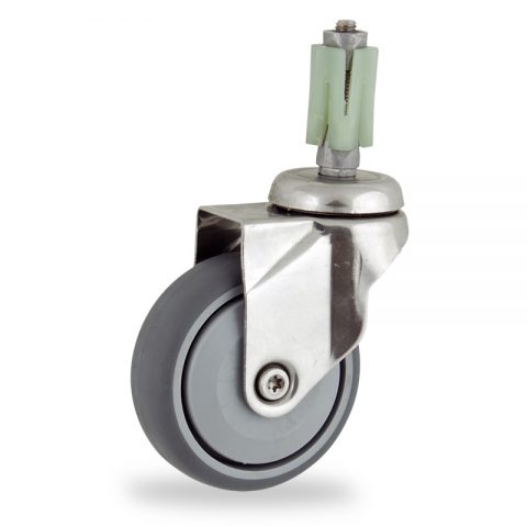 Stainless swivel castor 75mm for light trolleys,wheel made of grey rubber,single precision ball bearing.Fitting with square expander 27/31