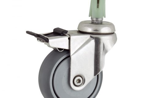 Stainless total lock castor 75mm for light trolleys,wheel made of grey rubber,single precision ball bearing.Fitting with square expander 31/35