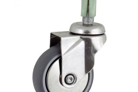 Stainless swivel castor 75mm for light trolleys,wheel made of grey rubber,double ball bearings.Fitting with square expander 24/27