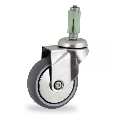 Stainless swivel castor 150mm for light trolleys,wheel made of grey rubber,plain bearing.Fitting with square expander 27/31