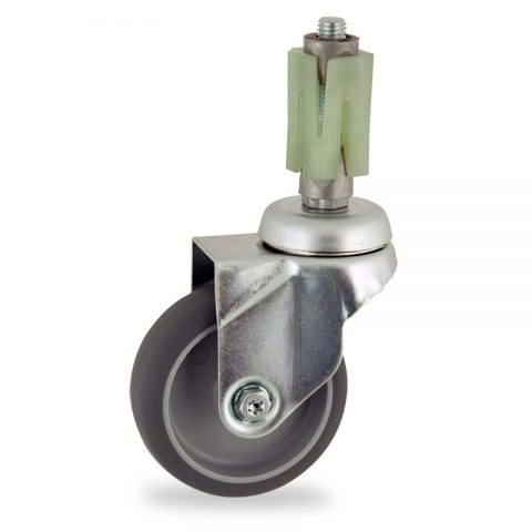 Zinc plated swivel castor 125mm for light trolleys,wheel made of grey rubber,plain bearing.Fitting with square expander 27/31
