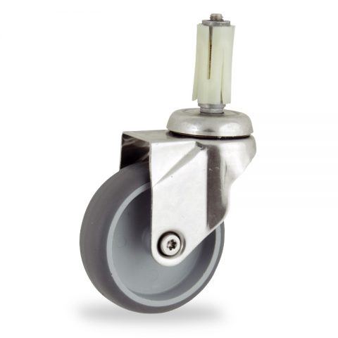 Stainless swivel castor 75mm for light trolleys,wheel made of grey rubber,plain bearing.Fitting with round expander 26/30