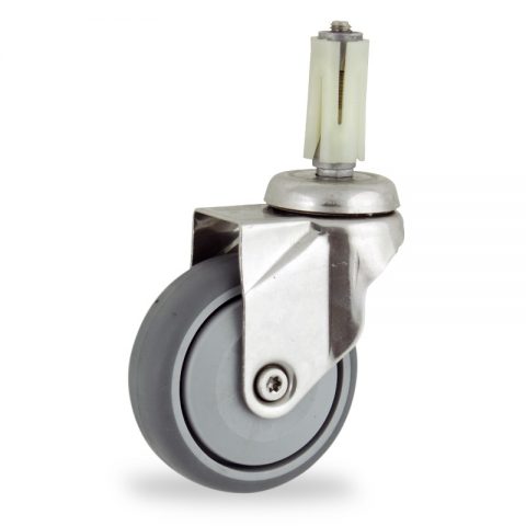 Stainless swivel castor 100mm for light trolleys,wheel made of grey rubber,single precision ball bearing.Fitting with round expander 23/26