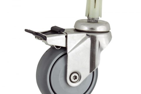 Stainless total lock castor 125mm for light trolleys,wheel made of grey rubber,single precision ball bearing.Fitting with round expander 23/26