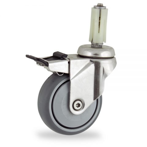 Stainless total lock castor 100mm for light trolleys,wheel made of grey rubber,single precision ball bearing.Fitting with round expander 19/23