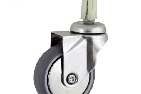 Stainless swivel castor 100mm for light trolleys,wheel made of grey rubber,plain bearing.Fitting with round expander 23/26