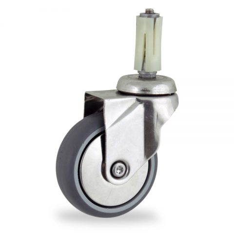Stainless swivel castor 150mm for light trolleys,wheel made of grey rubber,plain bearing.Fitting with round expander 26/30