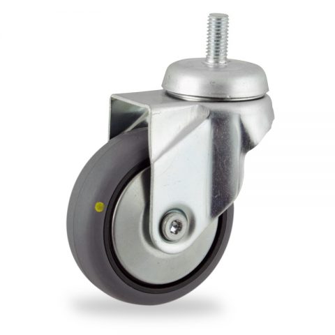 Zinc plated swivel castor 75mm for light trolleys,wheel made of electric conductive grey rubber,plain bearing.Bolt stem fitting