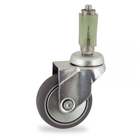 Zinc plated swivel castor 75mm for light trolleys,wheel made of grey rubber,double ball bearings.Fitting with square expander 24/27
