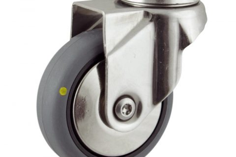 Stainless swivel castor 75mm for light trolleys,wheel made of electric conductive grey rubber,plain bearing.Bolt hole fitting