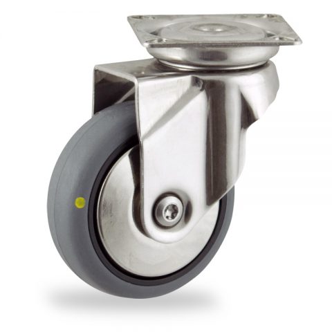 Stainless swivel castor 50mm for light trolleys,wheel made of electric conductive grey rubber,plain bearing.Top plate fitting