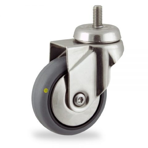 Stainless swivel castor 125mm for light trolleys,wheel made of electric conductive grey rubber,plain bearing.Bolt stem fitting