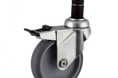 Zinc plated total lock castor 100mm for light trolleys,wheel made of grey rubber,plain bearing.Fitting with round expander