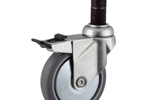 Zinc plated total lock castor 100mm for light trolleys,wheel made of grey rubber,plain bearing.Fitting with round expander