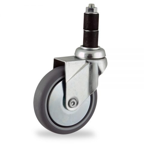 Zinc plated swivel castor 100mm for light trolleys,wheel made of grey rubber,plain bearing.Fitting with round expander