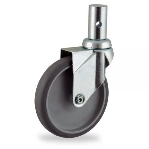 Zinc plated swivel castor 125mm for light trolleys,wheel made of grey rubber,plain bearing.Fitting with round stem 28,5x50mm