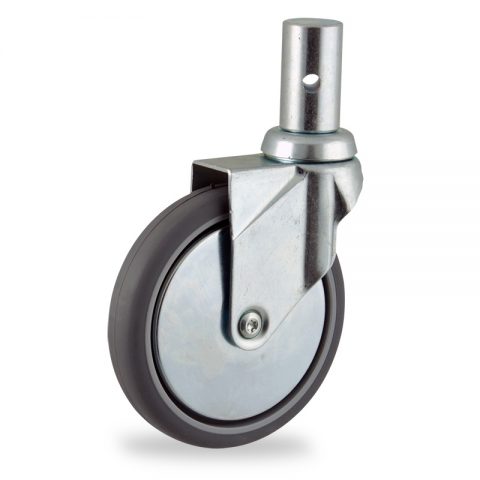 Zinc plated swivel castor 125mm for light trolleys,wheel made of grey rubber,plain bearing.Fitting with round stem 28,5x50mm
