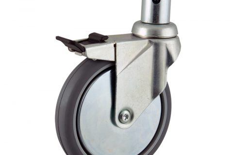Zinc plated total lock castor 125mm for light trolleys,wheel made of grey rubber,plain bearing.Fitting with round stem 28,5x50mm