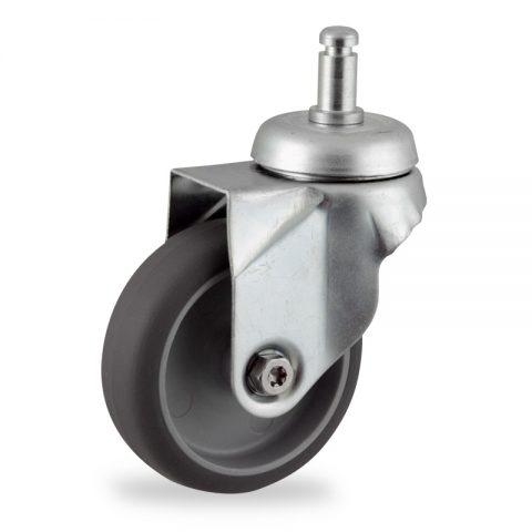 Zinc plated swivel castor 75mm for light trolleys,wheel made of grey rubber,plain bearing.Fitting with circlip stem 11x22mm
