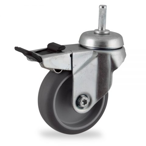 Zinc plated total lock castor 75mm for light trolleys,wheel made of grey rubber,plain bearing.Fitting with round stem 8x25mm