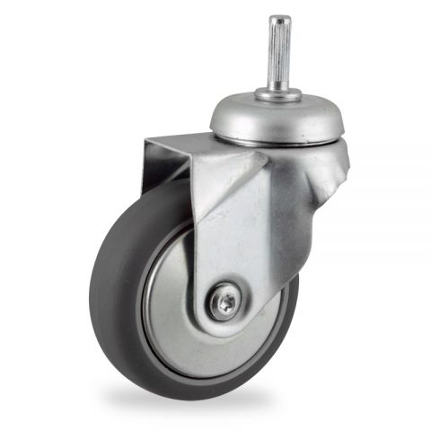 Zinc plated swivel castor 75mm for light trolleys,wheel made of grey rubber,plain bearing.Fitting with round stem 8x25mm